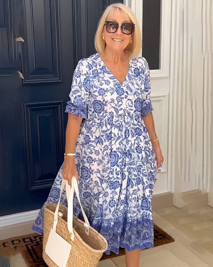 Nalira - Deep V-Neck Floral Print Dress