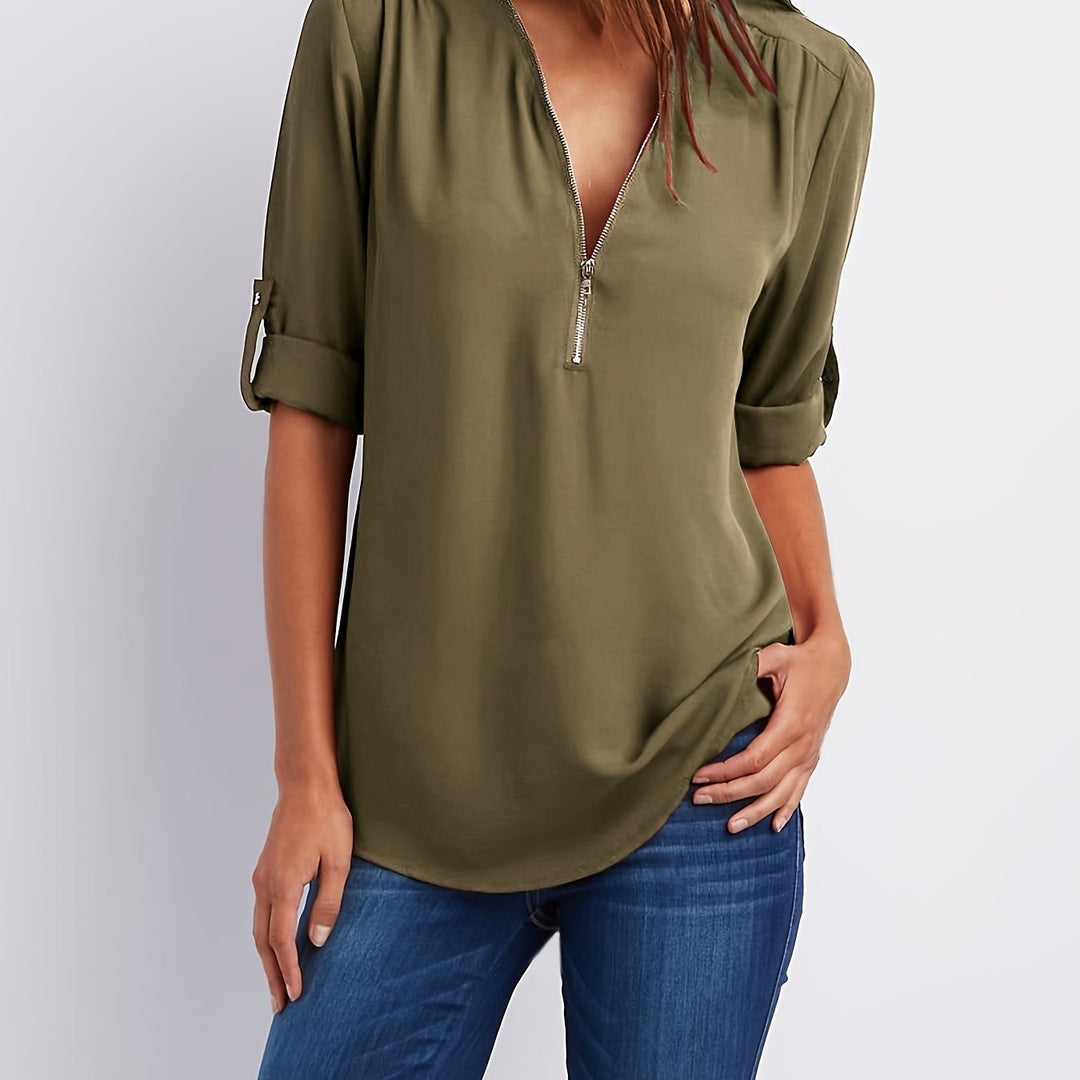 Nivara - Zip V-Neck Woven Blouse