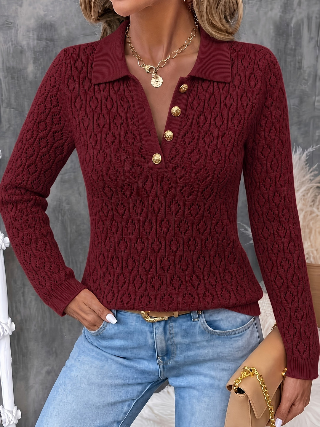 Avenya - Openwork Knit Polo Sweater