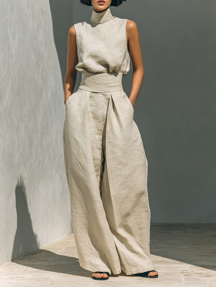 Kevara - Wide-Leg Cotton-Linen Trouser Set