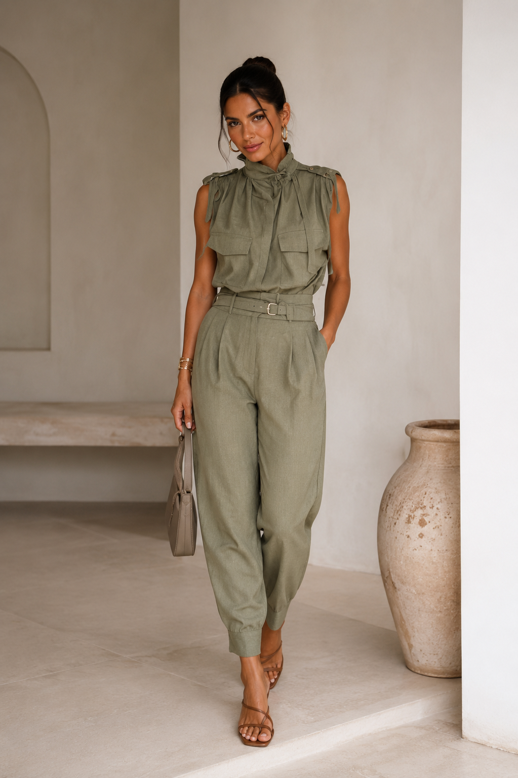 Vesara - Paperbag Waist Linen-Blend Jumpsuit
