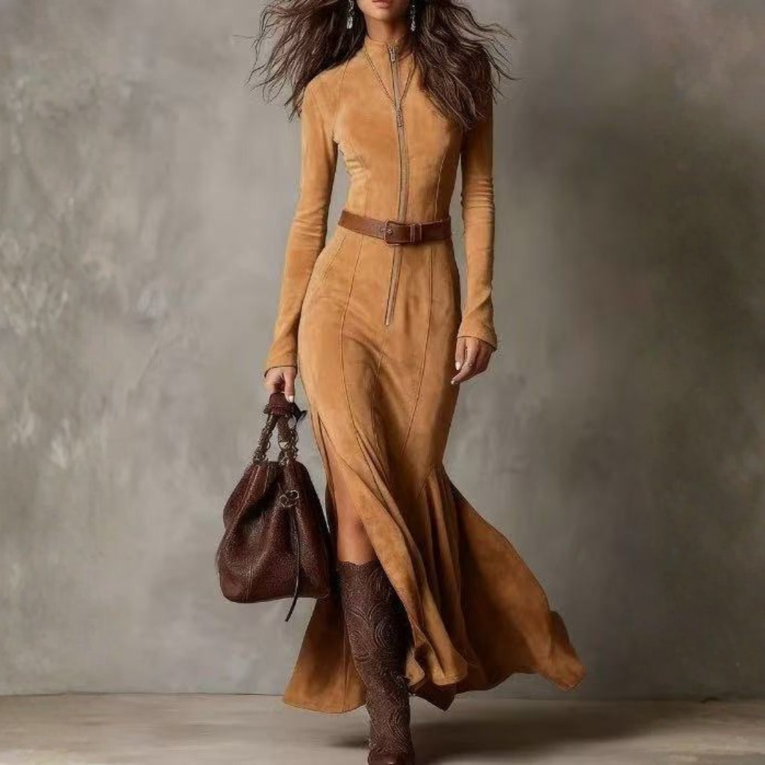 Navira - Belted Suede-Effect Dress