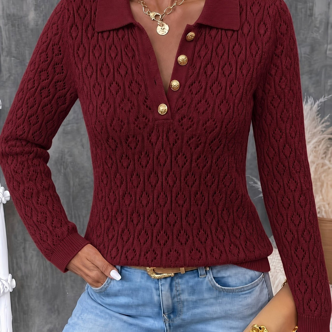 Avenya - Openwork Knit Polo Sweater