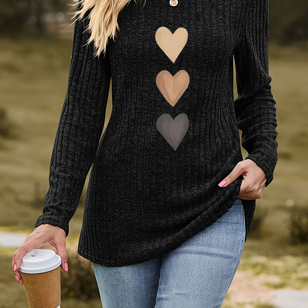 Mevara - Heart Print Rib Knit Top