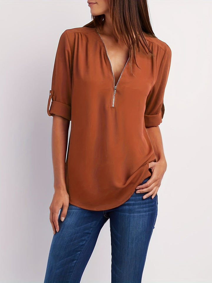 Nivara - Zip V-Neck Woven Blouse
