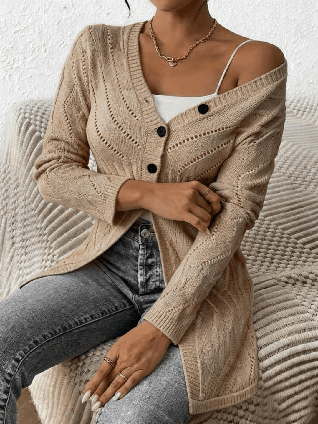 Renaya - V-Neck Textured Knit Cardigan Sweater