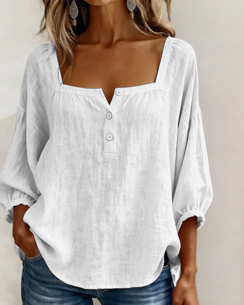 Sivara - Square Neck Cotton-Linen Blouse