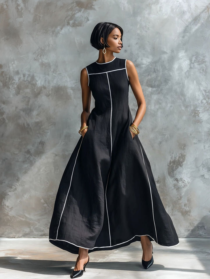 Veyla - Contrast Piping Linen-Blend Maxi Dress