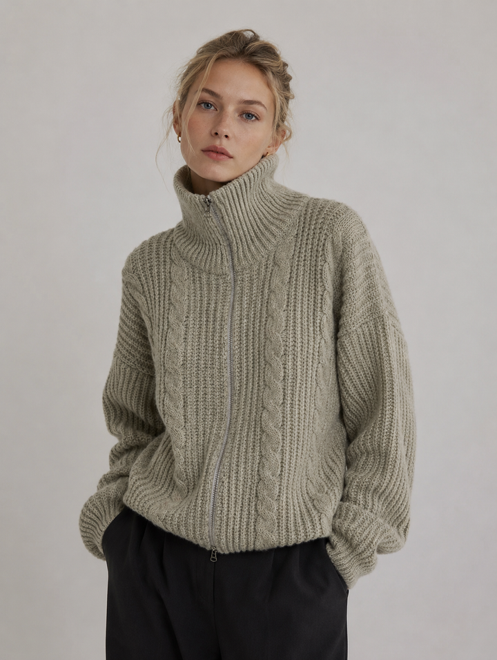 Velira - Zip-Front Cable Knit Cardigan