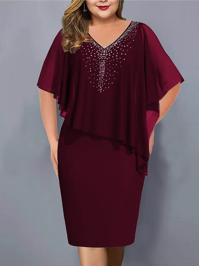 Virela - Rhinestone V-Neck Chiffon Midi Dress