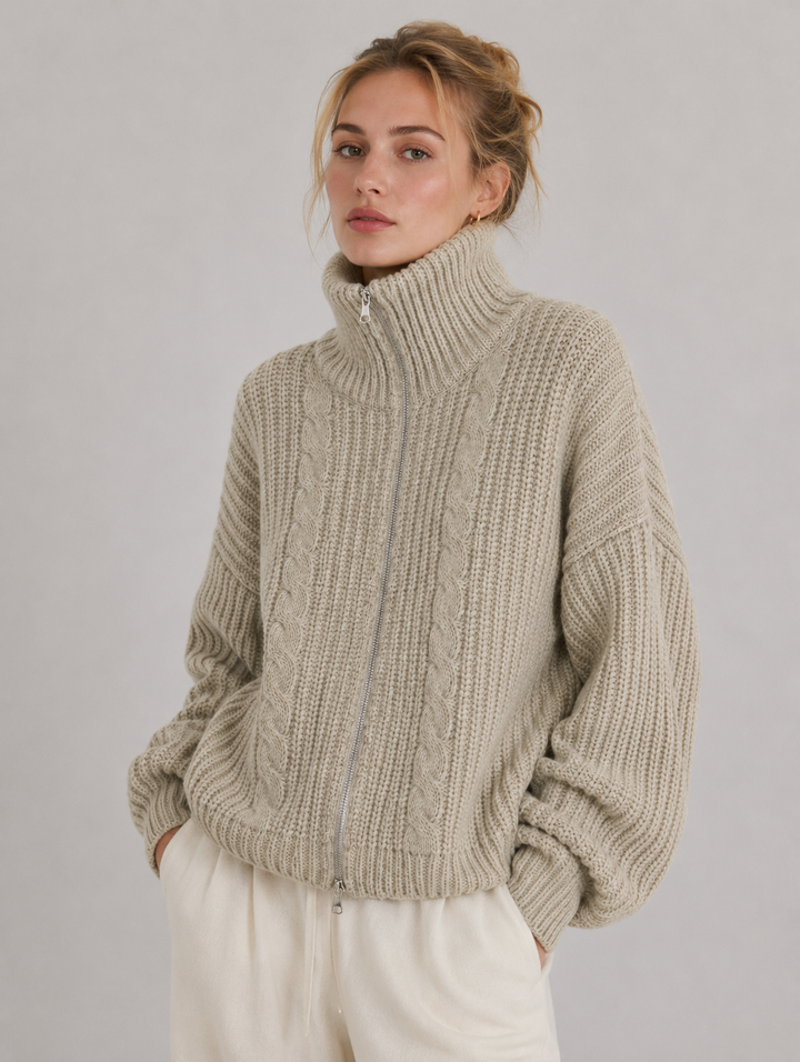 Velira - Zip-Front Cable Knit Cardigan