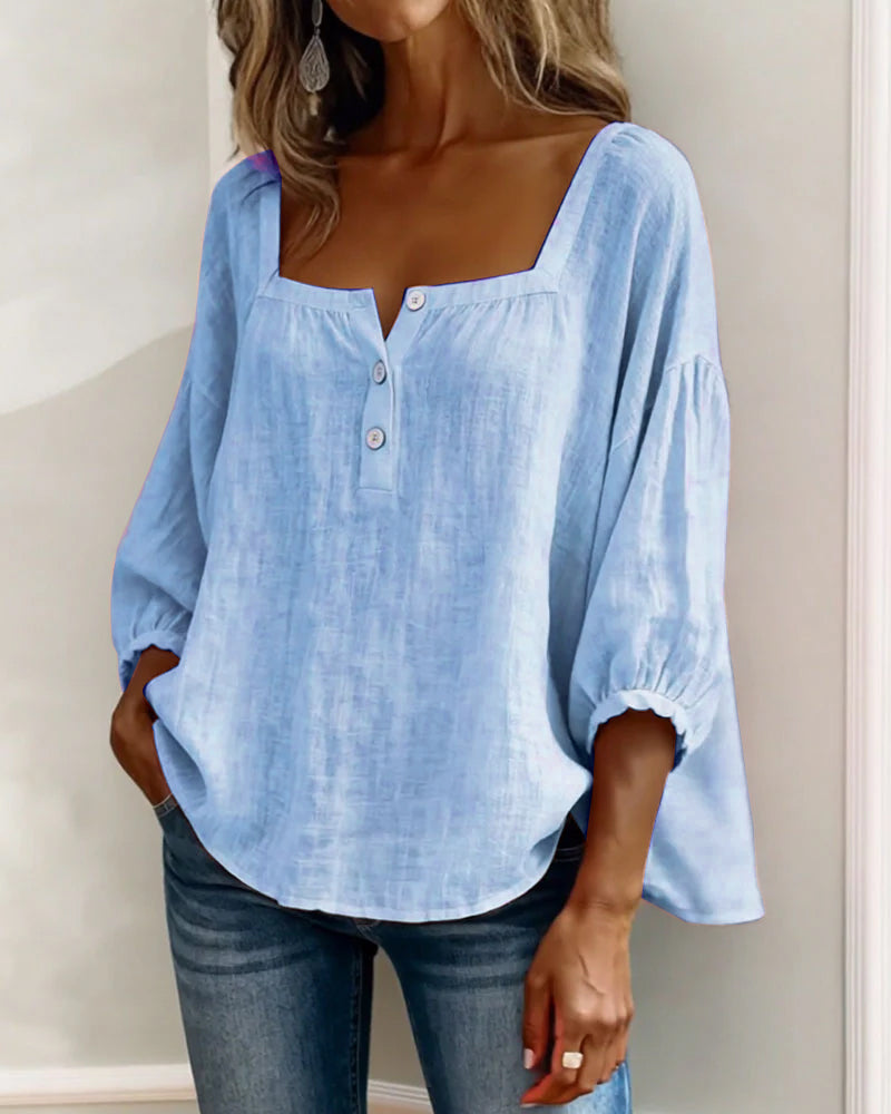 Sivara - Square Neck Cotton-Linen Blouse