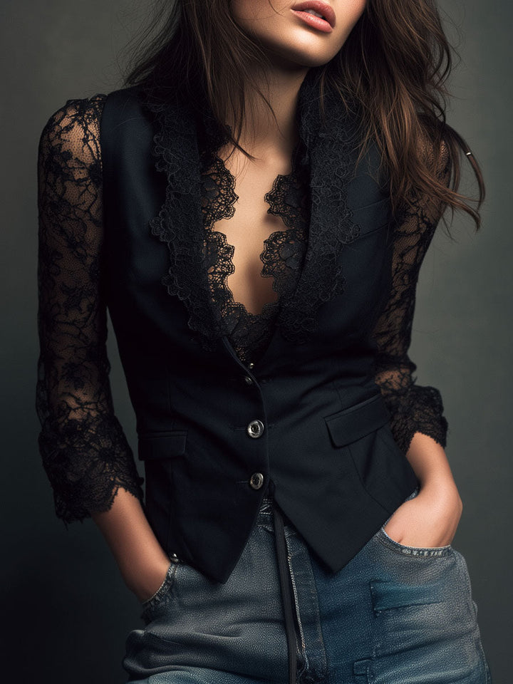 Nalira - Lace-Sleeve Blouse Waistcoat Set