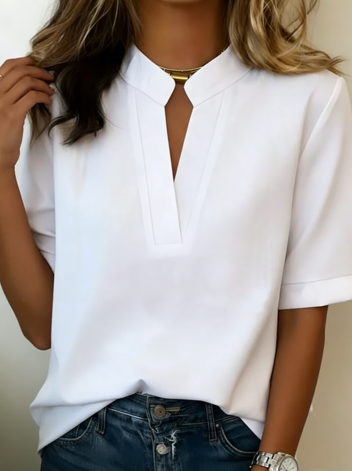 Talven - Stand Collar Woven Short-Sleeve Shirt