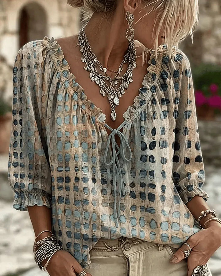 Noreli - Lace-Up V-Neck Cotton-Blend Blouse