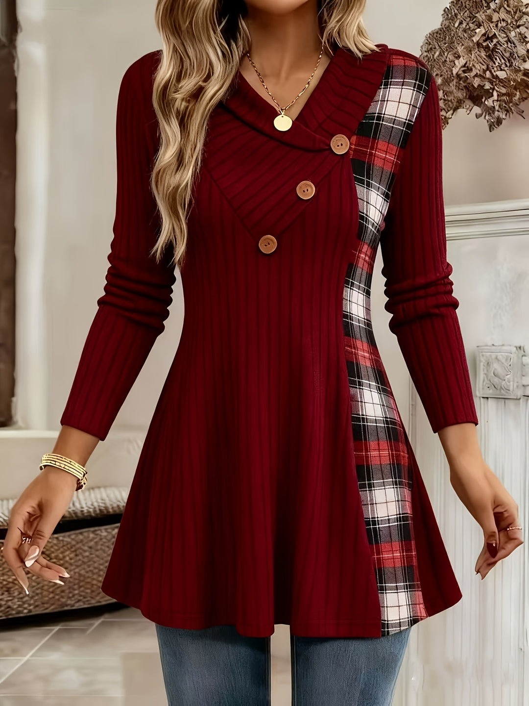 Tavina - Plaid Patchwork Knit T-Shirt