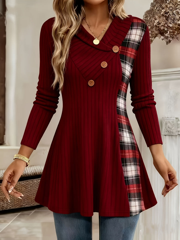 Tavina - Plaid Patchwork Knit T-Shirt