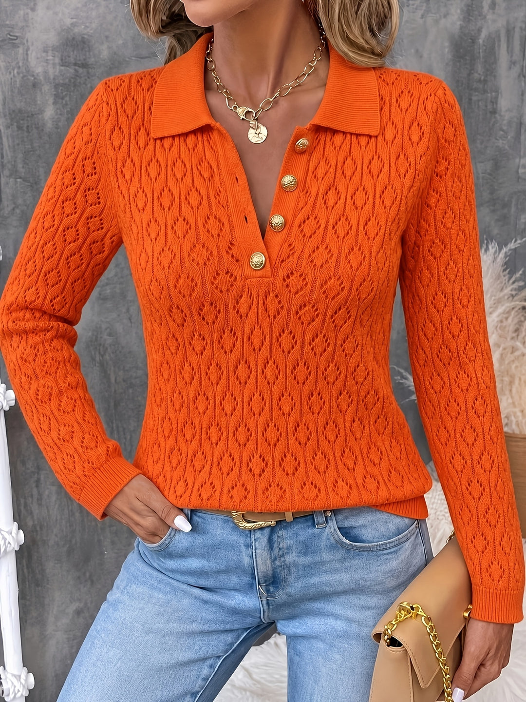 Avenya - Openwork Knit Polo Sweater