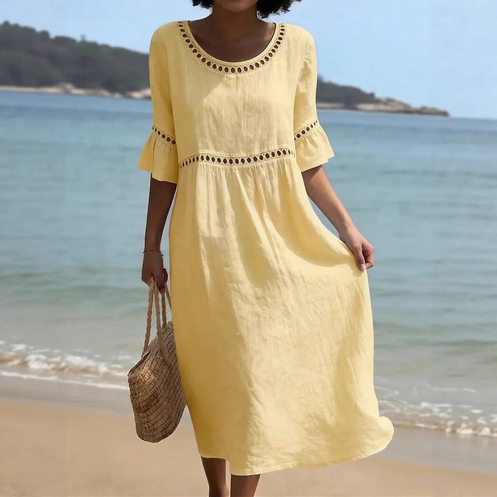 Lunira - Lace-Inset Cotton-Linen Midi Dress