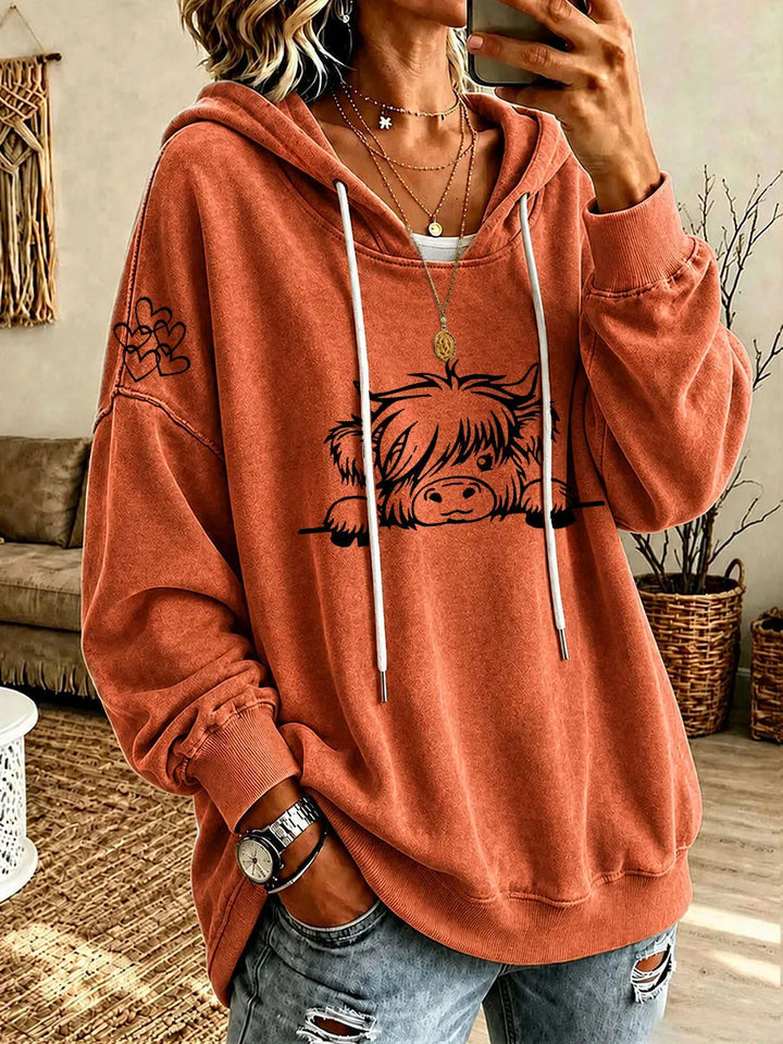 Noreli - Allover Highland Cattle Print Knit Hoodie