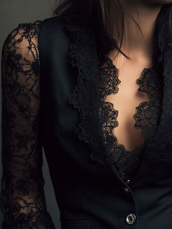 Nalira - Lace-Sleeve Blouse Waistcoat Set