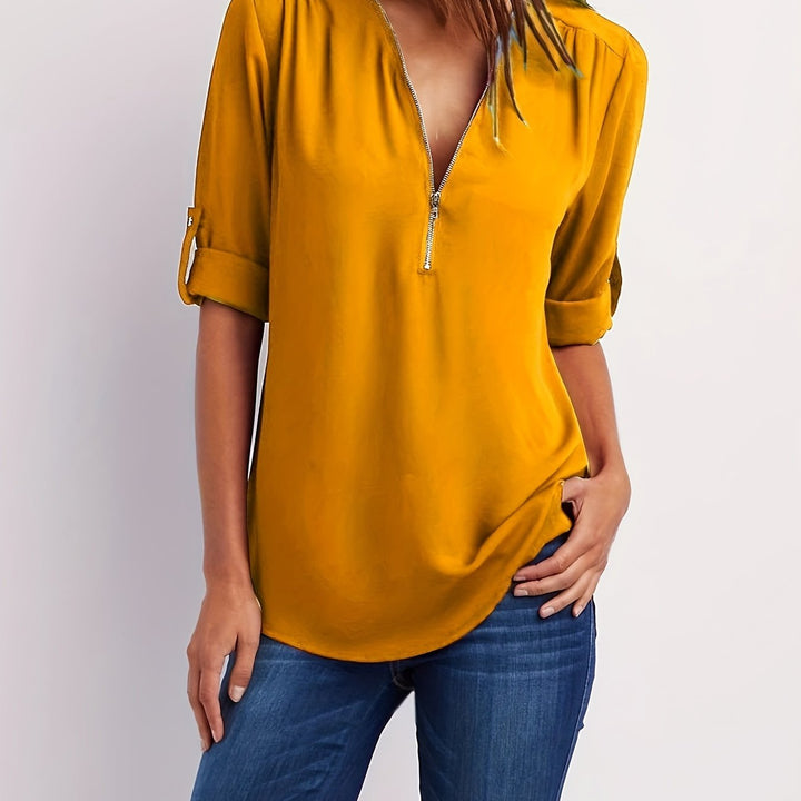 Nivara - Zip V-Neck Woven Blouse