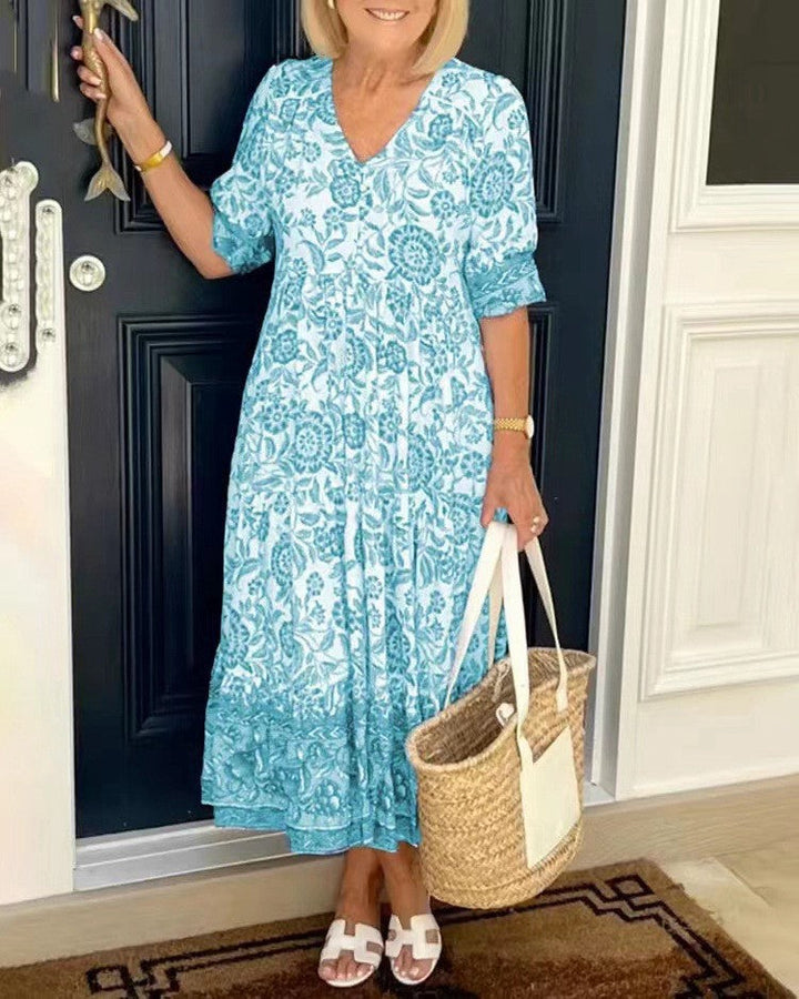 Nalira - Deep V-Neck Floral Print Dress