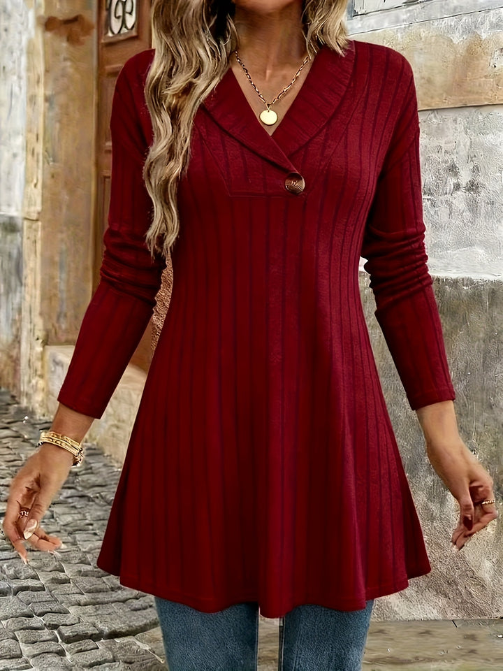Novira - Lapel V-Neck Rib Knit T-Shirt