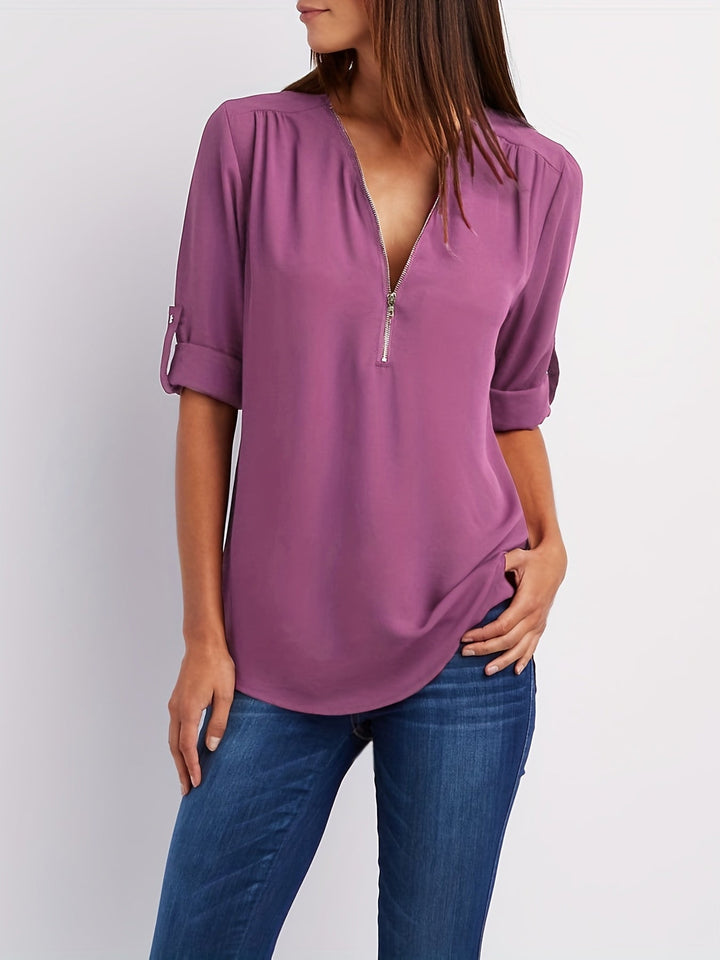 Nivara - Zip V-Neck Woven Blouse