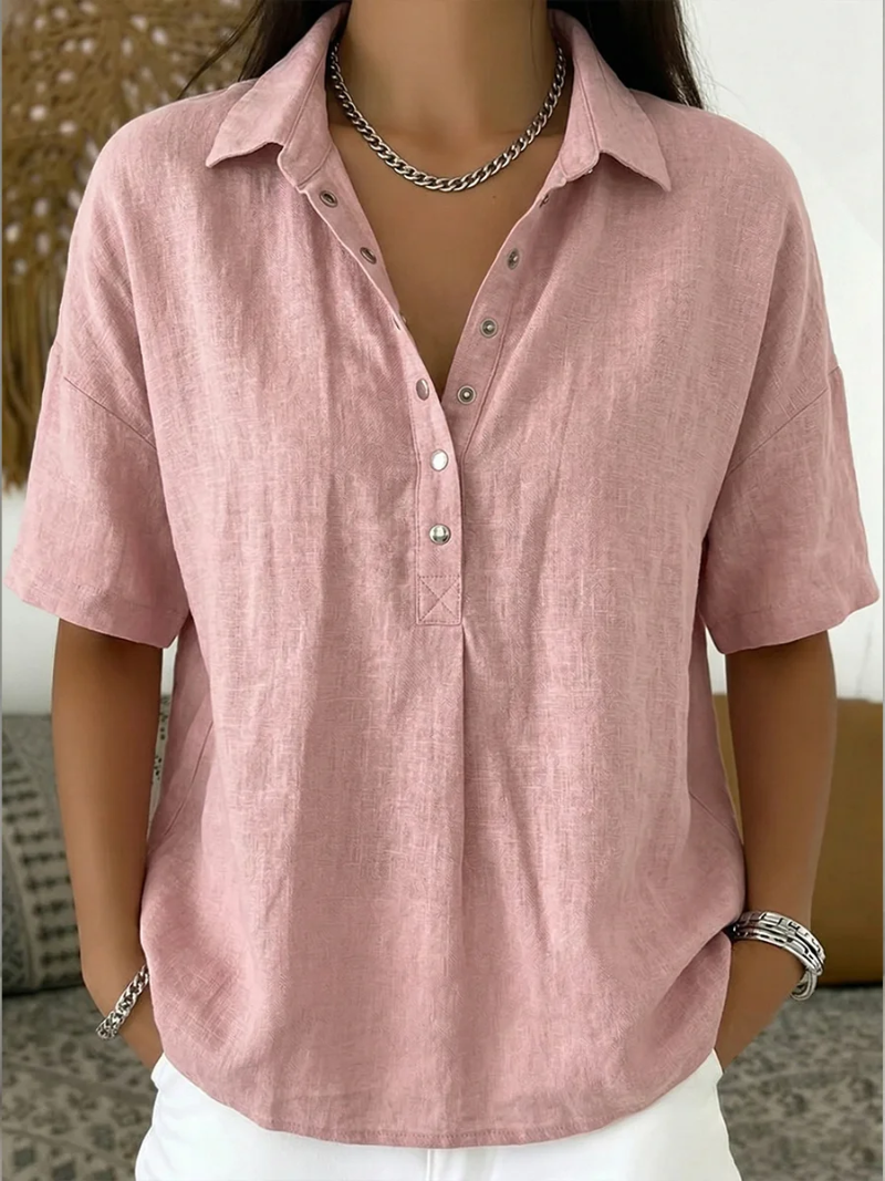 Kelora - Collared V-Neck Cotton-Blend Blouse