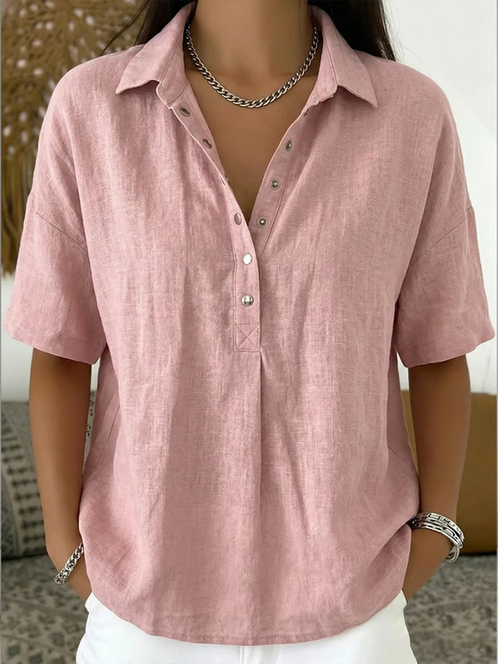 Kelora - Collared V-Neck Cotton-Blend Blouse