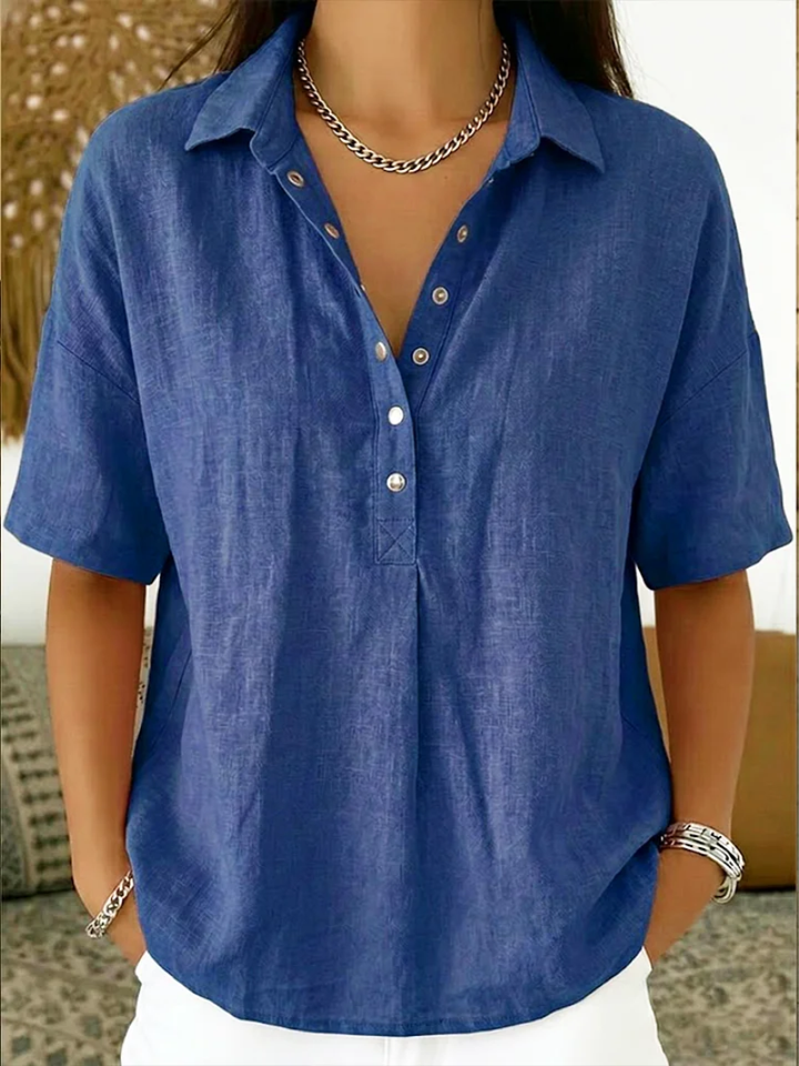 Kelora - Collared V-Neck Cotton-Blend Blouse
