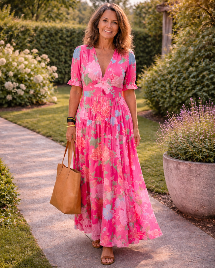Nolira - V-Neck Floral Print Midi Dress
