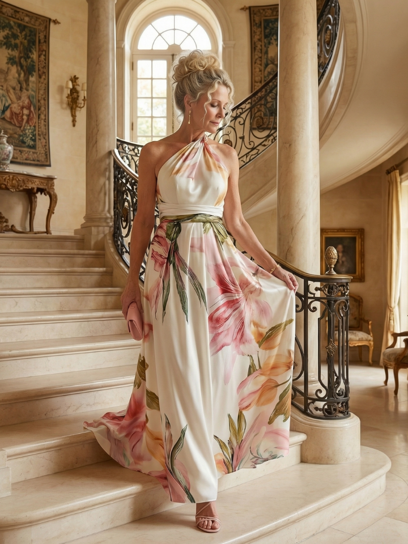 Mevara - Halter-Neck Floral Print Maxi Dress
