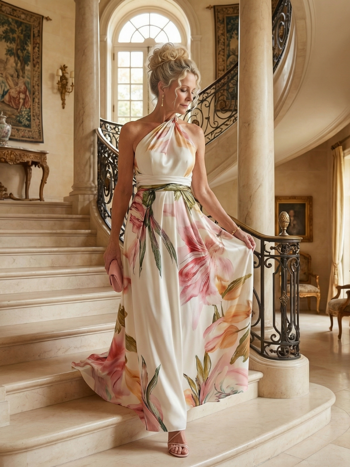 Mevara - Halter-Neck Floral Print Maxi Dress
