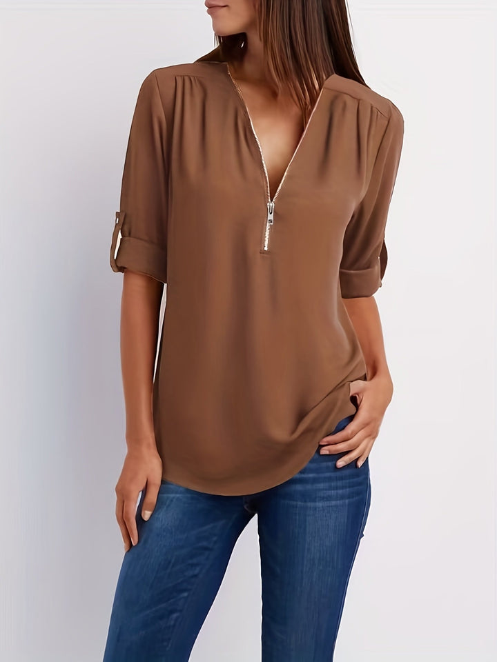 Nivara - Zip V-Neck Woven Blouse
