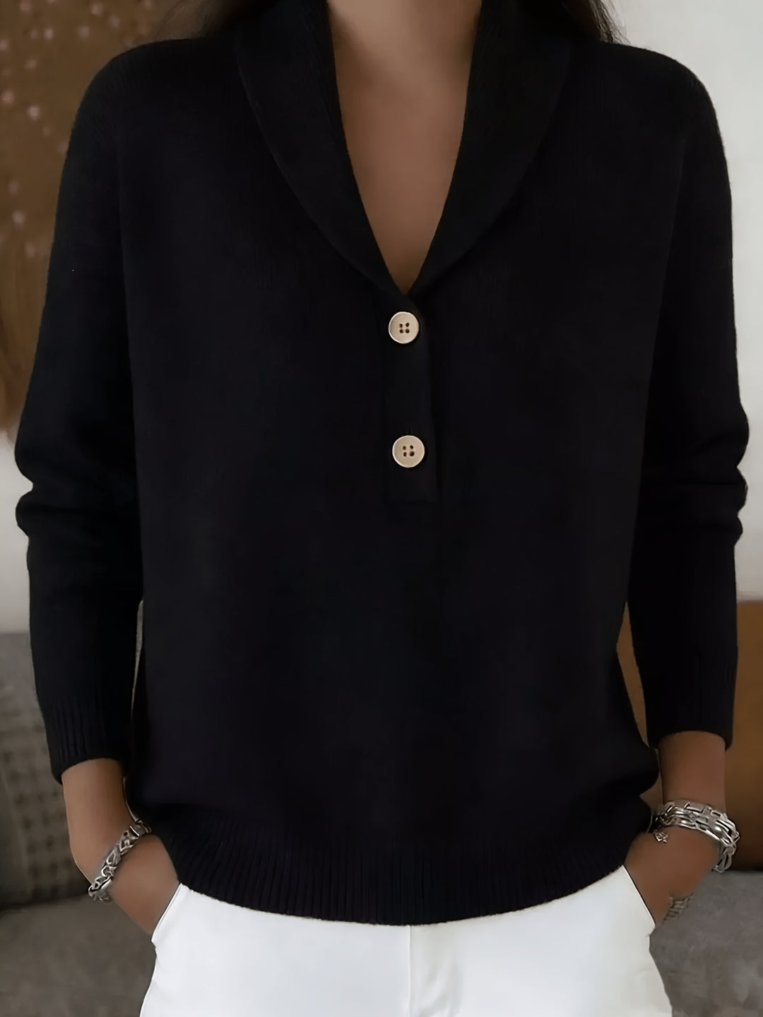 Zavena - Henley Half-Placket Vertical Rib Knit Pullover
