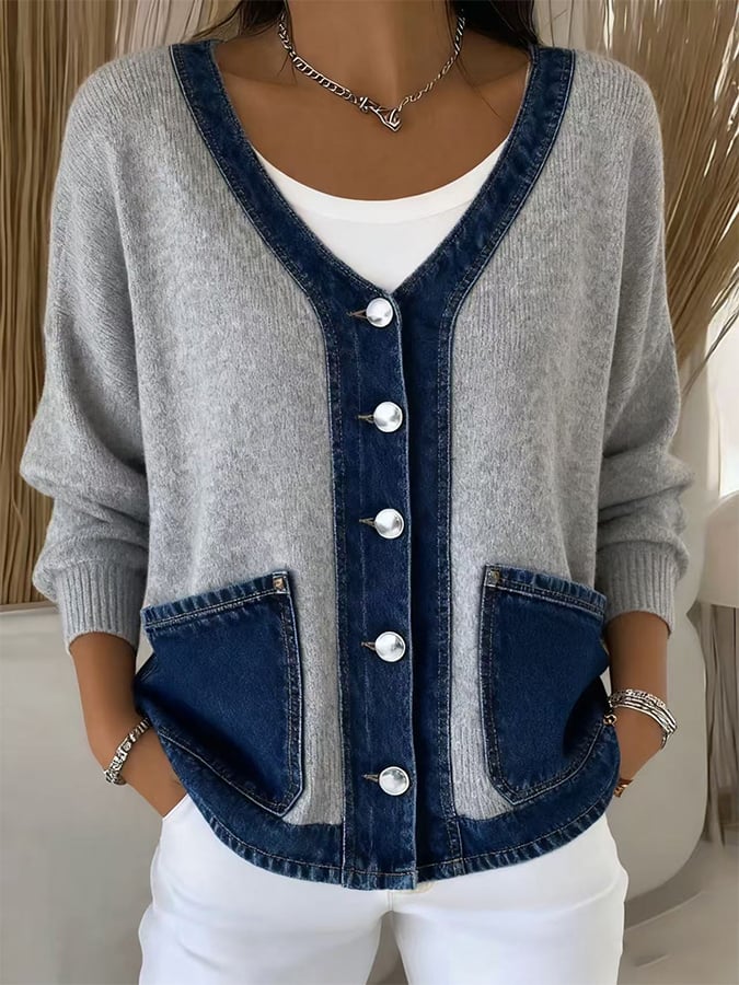 Ilyra - Denim Patchwork Knit Cardigan