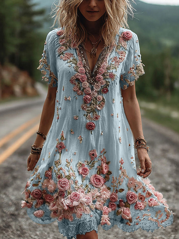 Noreli - Floral Embroidery Cotton-Blend Dress