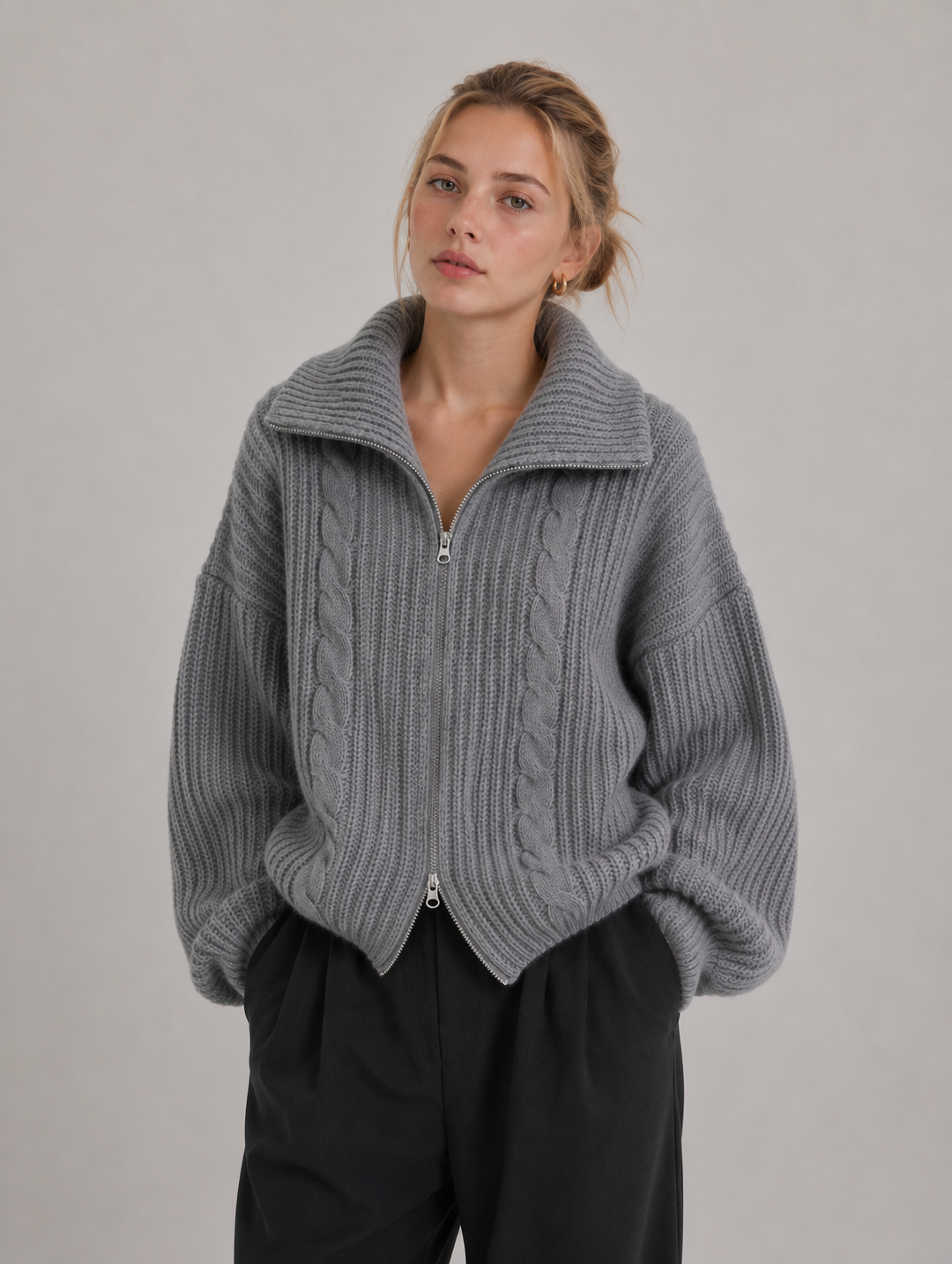 Velira - Zip-Front Cable Knit Cardigan