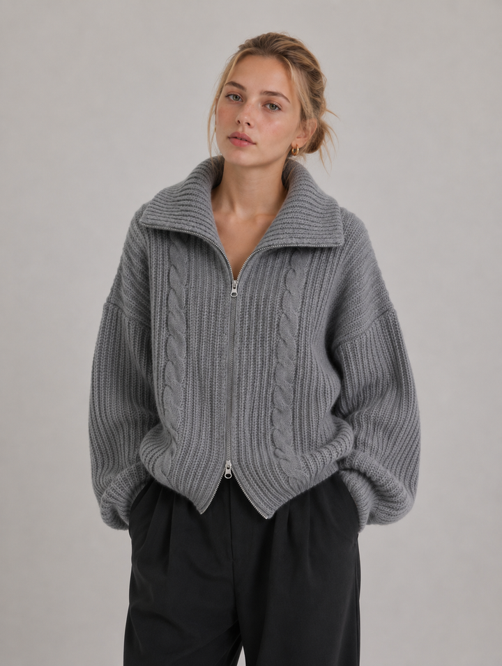 Velira - Zip-Front Cable Knit Cardigan