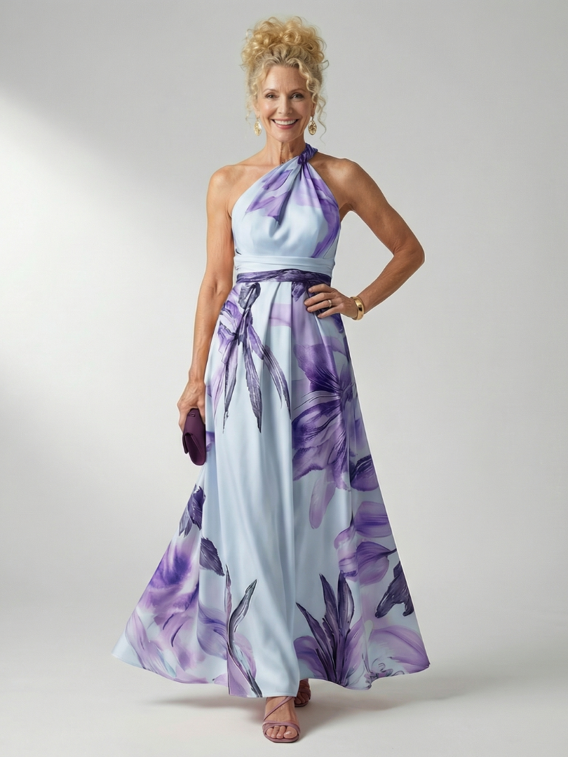 Mevara - Halter-Neck Floral Print Maxi Dress