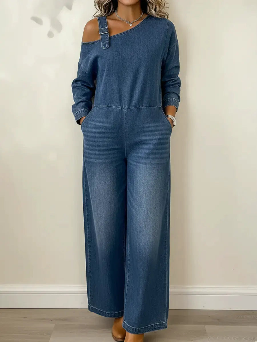 Lyrane - Bardot Neckline Denim Jumpsuit
