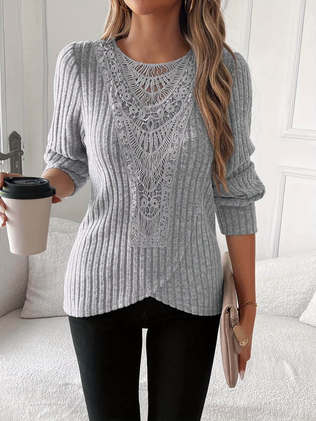 Nivara - Lace-Trim Round Neck Knit T-Shirt