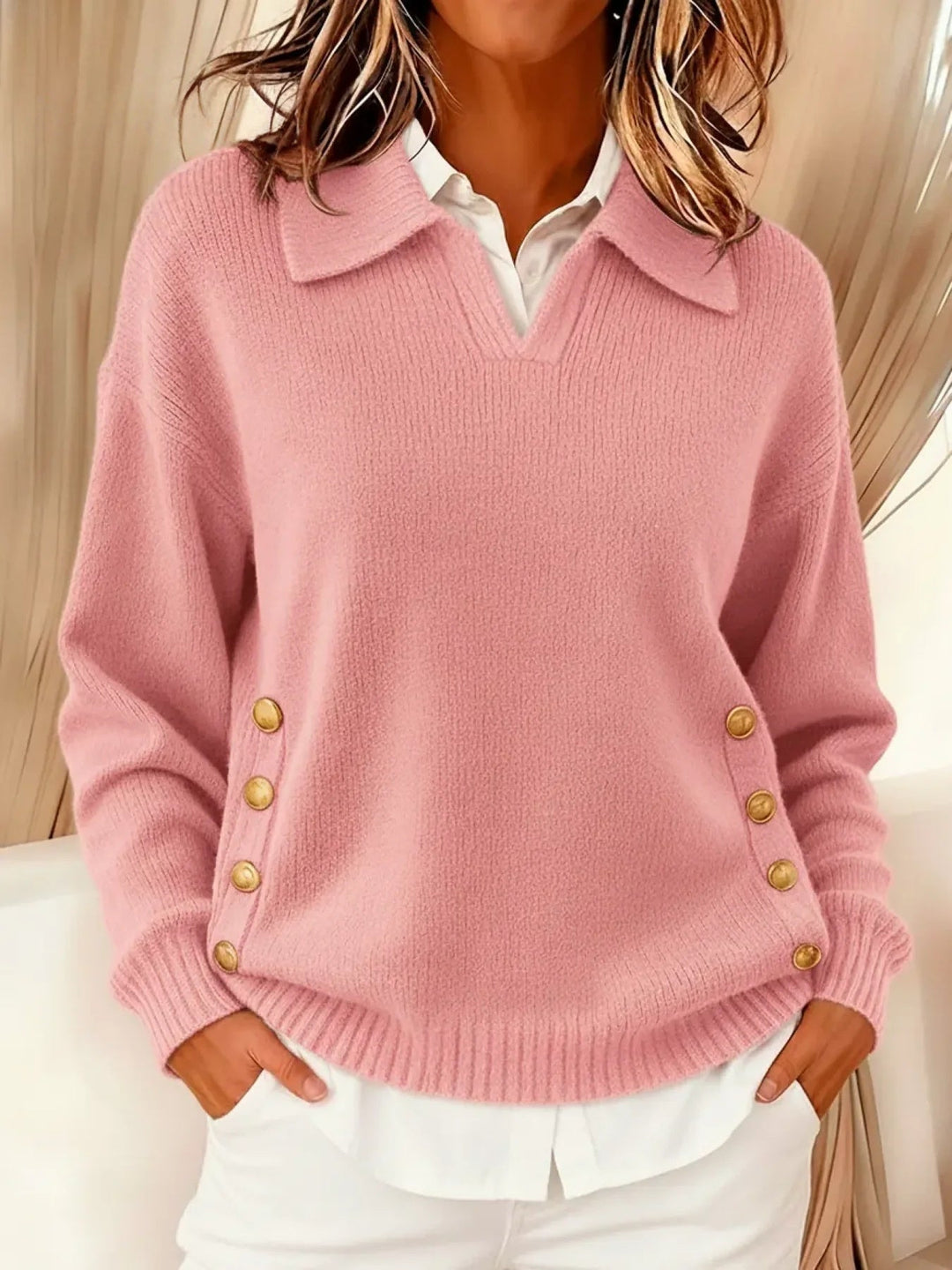 Navira - Side-Button Knit Polo Neck Sweater