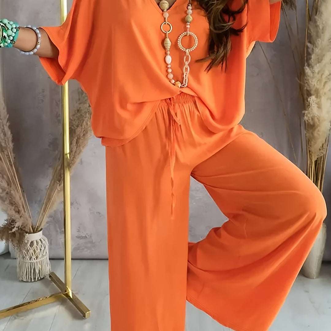 Velise - V-Neck Solid Two-Piece Set