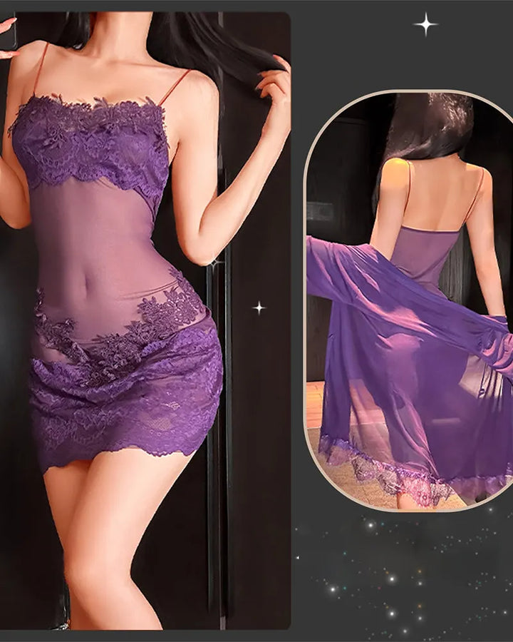 Solyne - Spaghetti Strap Lace Mesh Pyjamas Set