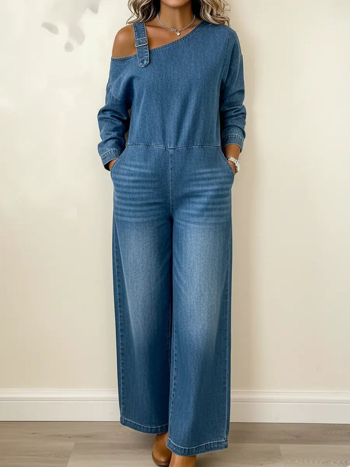Lyrane - Bardot Neckline Denim Jumpsuit