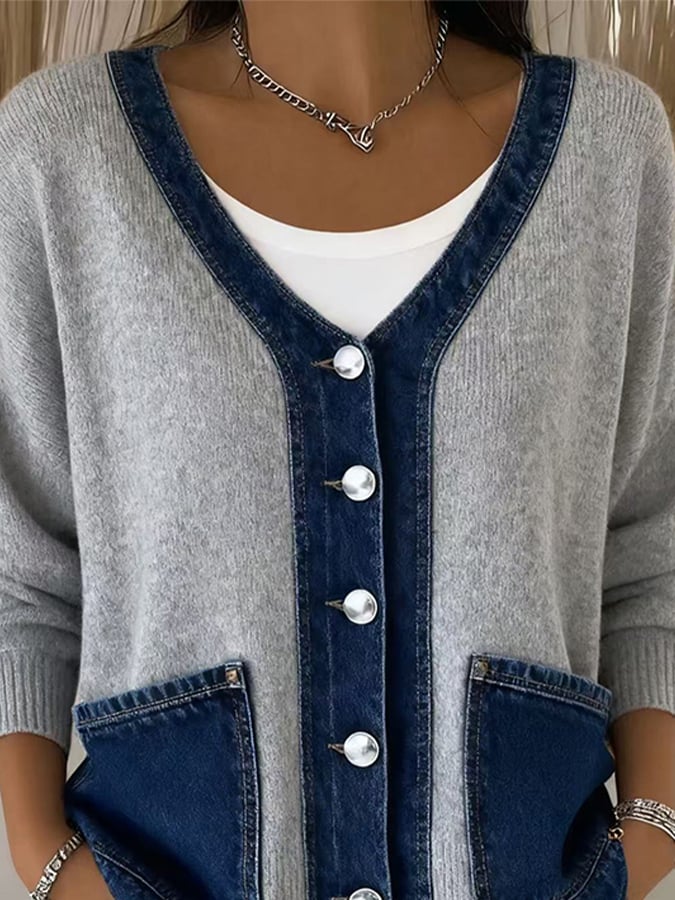 Ilyra - Denim Patchwork Knit Cardigan