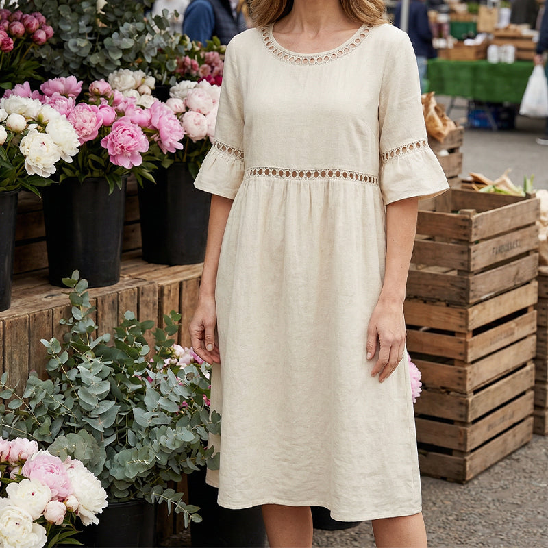 Lunira - Lace-Inset Cotton-Linen Midi Dress